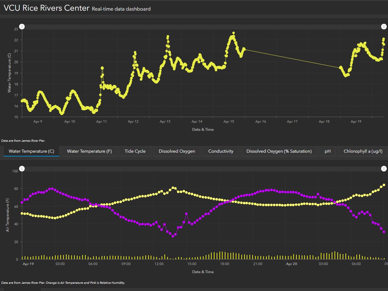 Rice Rivers Center quality data dashboard showing water temperature, tide cycle, dissolved oxygen, conductivity, dissolved oxygen, ph and chlorophyll for April 9 - 19, 2023