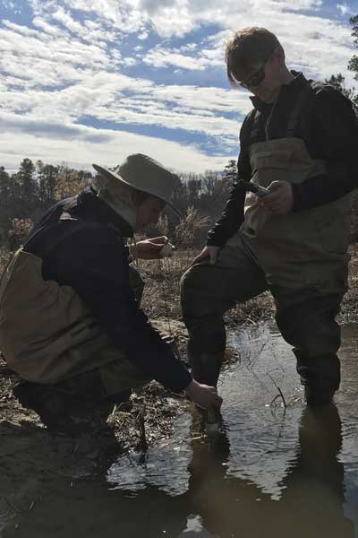 two biologists dressed in waterproof gear conducting water tests in a murky body of water