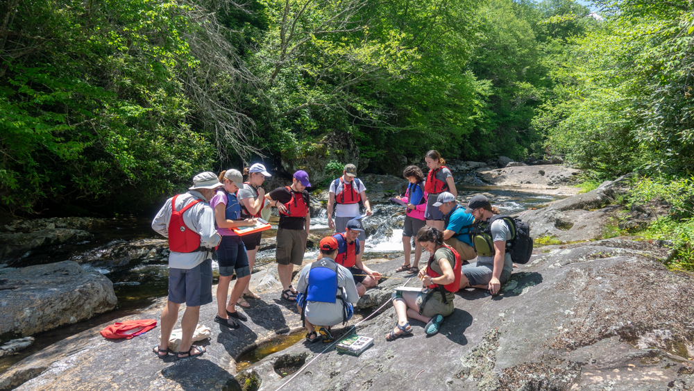 A group of VCU students on the shore of a riverbank